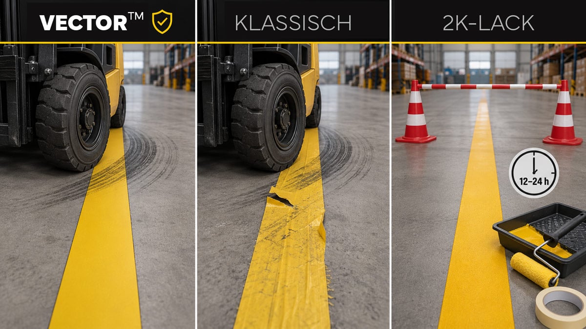 Vector™ vs. klassische Bodenmarkierung vs. 2K-Lakierung